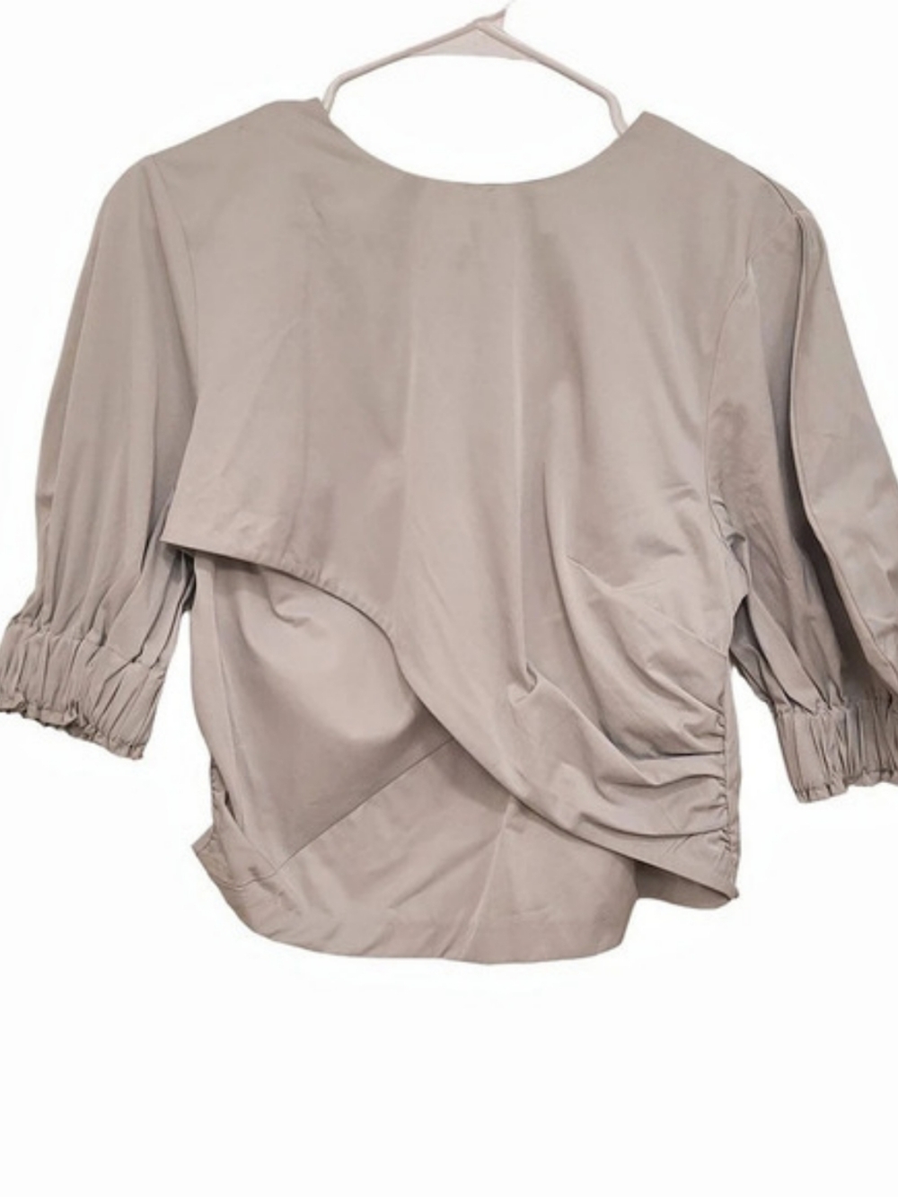 H&M Light Gray Crossover Draped Ruched Sleeve Blouse Sz 12